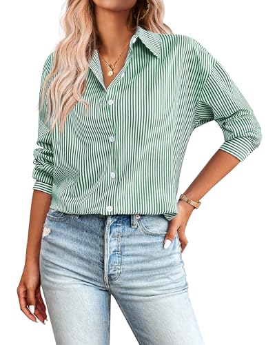 Zeagoo Button Down Shirt Women Cotton Long Sleeve Dressy Striped Blouse Casual Spring Business Tunic Top Green