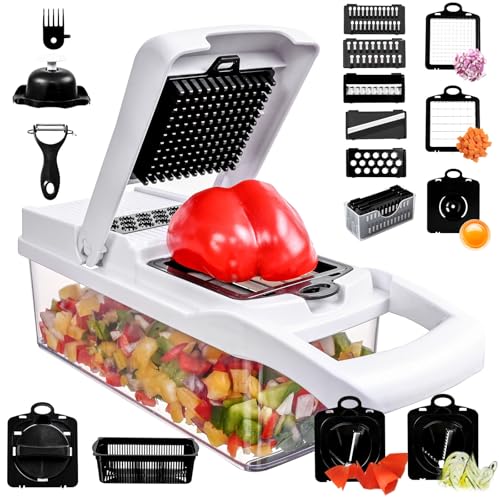 Cukitish Veggie Slicer Chopper Dicer and Cutter Multifunctional 17-in-1 Vegetable Mandoline Chopper with Container, 11 Interchangable Blades, Drain Strainer, Cleaning Brush, Hand Protector (White)