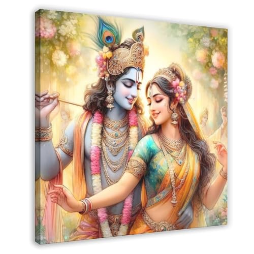 Lord Krishna Radha Love Indian Prints Style (3) Canvas Poster Wall Art Decor Print Picture Paintings for Living Room Bedroom Decoration 12x12inch(30x30cm) Frame