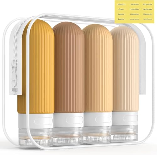 Lyrovo Travel Bottles Kit for Toiletries Organizer BPA Free 90ml Silicone Size Containers Portable Split Bottle Accessories for Conditioner Shampoo Lotion - 4 Pack, Multicolor