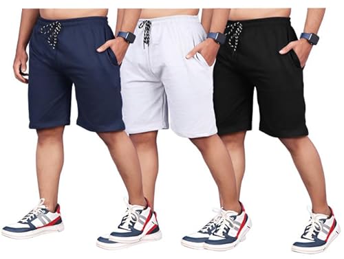 QUIXEL Men's Shorts | Shorts for Men's | Men's Cotton Shorts... (L - Black, Navy & Grey)