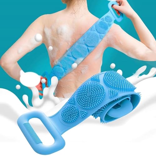 Wazdorf Silicone Body Back Scrubber, Double Side Bathing Brush for Skin Deep Cleaning Massage, Dead Skin Removal Exfoliating Belt for Shower, Body Brush for Bathing (Medium)