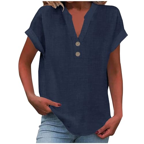 2025 Women's Blouses Cotton Linen V Neck Button Short Sleeve Tops Spring Summer Tees Trendy Casual T-Shirts Navy