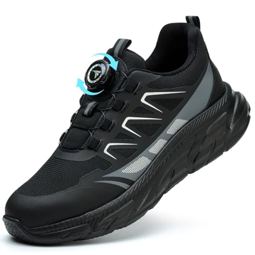 Safety Trainers Men Women Steel Toe Cap Trainers Lightweight Work Safety Shoes Breathable Non Slip Steel Toe Cap Boots Swivel Buckle Shoelaces, Black, 9 UK