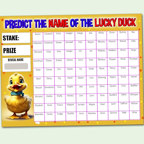 Gifts and Temptations 100 Names, A4 Size, Predict the Name of the Lucky Duck, Fundraising Scratch Card Fete Fayre Party