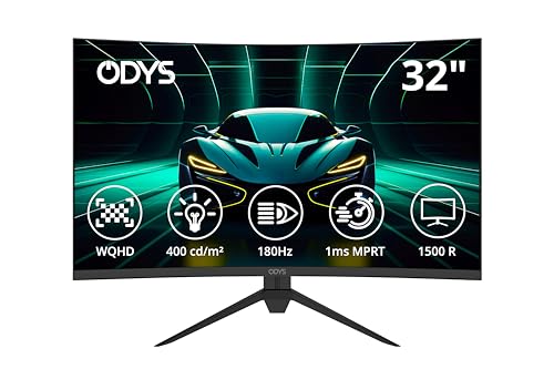 Odys XP32 PRO-X - Curved Gaming Monitor 32 Zoll (80 cm), 180 Hz, WQHD (2.560x1.440 px), 1ms Reaktionszeit, HDR, 1500R, FreeSync/G-Sync kompatibel, Eye Care, HDMI, Display Port, 3,5mm Audio