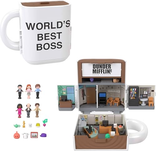 Polly Pocket x The Office Compact Playset 6 Character Dolls and 9 Accessories, Collectible Partnership Toy, Coffee Mug Exterior, JCC19