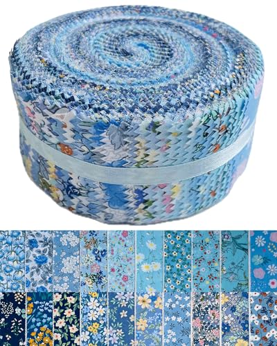 Jelly Roll Fabric 100% Cotton Quilting Fabric, 40 Pre-Cut Strips (2.5 x 44 Inch) for Quilting and Sewing - 20 Assorted Floral Prints- Blue Mediterranean