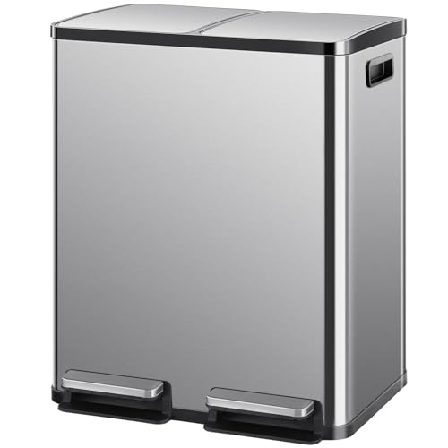 Sweetcrispy Kitchen Trash Can with Lid, 2 x 8 Gallon Garbage Dustbin, with Soft-Close Foot Pedal and Removable Inner Bucket, 60 Liter Large Stainless Waste Bin for Bathroom Bedroom Home Office