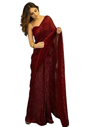 Cocktail Party Bollywood Indian Women Georgette Saree Blouse Fancy Muslim Sari 7684, Maroon, Standard