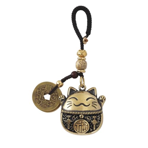 Mansiyuyee Brass Lucky Cat Keychain with Five Emperors Money Feng Shui Coins, Maneki Neko Good Luck Charms Lucky Tassel