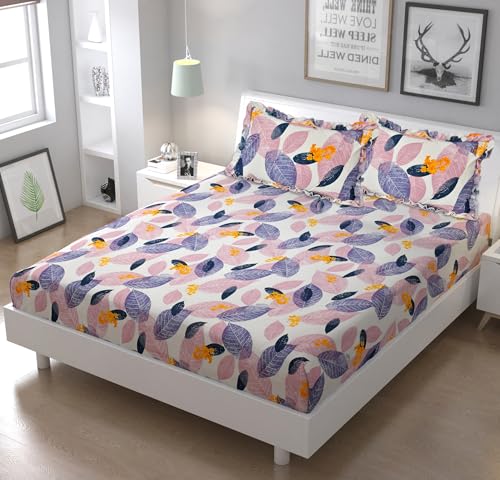 Luxmi Cotton Fabrics | Bedsheet for Queen Size Bedsheet with Two Standard Size Frill Pillow Covers Soft & Wrinklefree - 90 * 100 Inches | Budget Friendly Bedsheet for Double Bed (White)