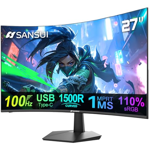 SANSUI Curved 27 Inch Monitor with USB-C Speakers 100Hz Computer Monitor 1Ms FHD 1080P 1500R|110% sRGB|HDMI|VESA Compatible,for Tablet,Desktop,Laptop and PC Work Gaming (ES-27C1 USB-C Cable Included)