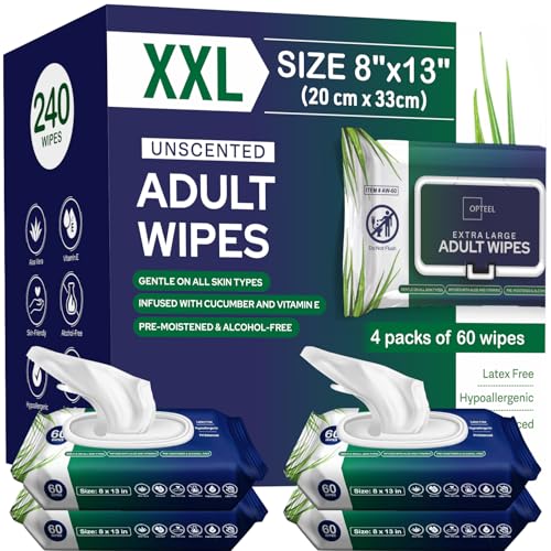 Adult Wipes For Elderly - 8"x13" 240ct (4 Packs of 60) Huge & Soft Non-Flushable Body Wipes for Adults Bathing No-Rinse - Incontinence Disposable Washcloths, Vitamin E & Aloe Infused Shower Wipes.