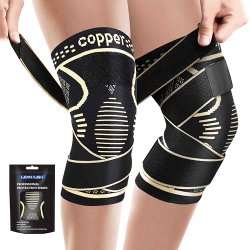 Copper Knee Brace with Straps for Women Men, 2 PCS Knee Support for Running, Working Out, Sports, Weightlifting, Knee Compression Sleeve for Knee Pain, Arthritis, ACL, Meniscus Tear, Joint Pain Relief