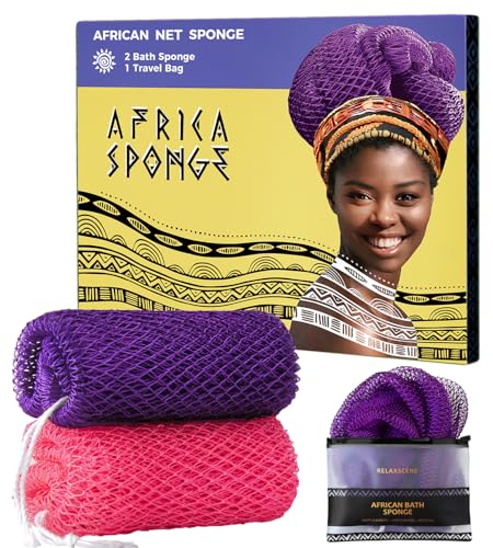 African Net Sponge Authentic - 2 Pieces Exfoliating Body Scrubber Bath Sponge - Back Scrubber Washcloth for Shower with Travel Bag - Real African Scrub Exfoliator Body Care Bathing Accessories