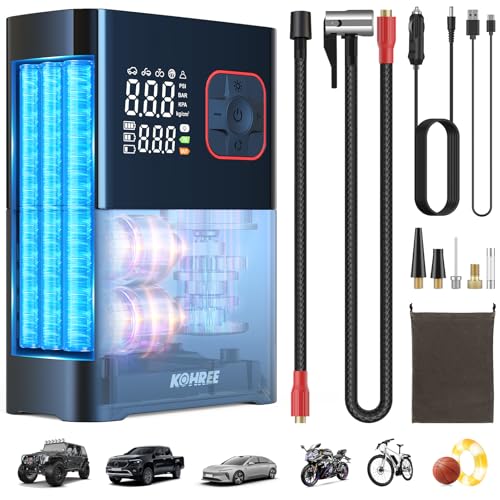 Kohree Tire Inflator Portable Air Compressor, 58LPM Faster Dual Cylinder Air Pump for Car Tires, Pickup Trucks & Large Tires, 150 PSI & 20000mAh Cordless Electric Air Pump with Pressure Detection