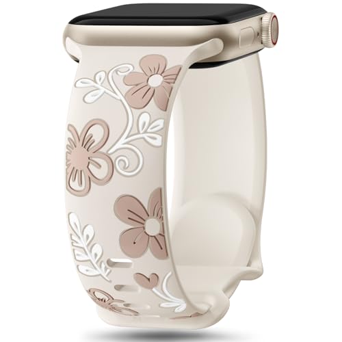 Witzon Floral Band Compatible with Apple Watch Bands For Women 41mm 40mm 38mm 42mm 44mm 45mm 46mm 49mm, Engraved Cute Flower Soft Silicone Inlay Strap for iWatch Series 10 9 8 7 6 5 4 3 2 1 SE Ultra
