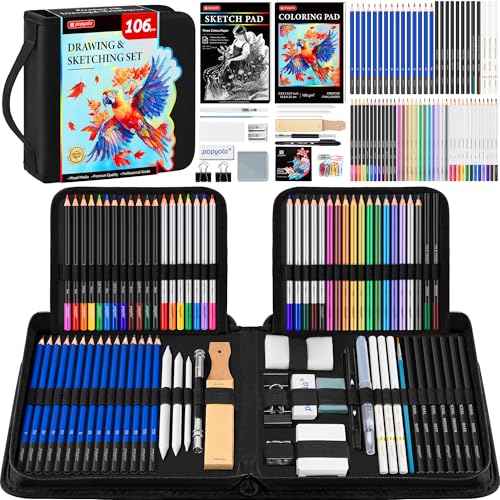 106 PCS Drawing Kit Sketching Pencils Set, Pro Drawing Pencils with 3-Color Sketchbook, Coloring Book, Colored Watercolor Graphite Charcoal & Metallic Pencils, Art Supplies for Artists Adults Kids