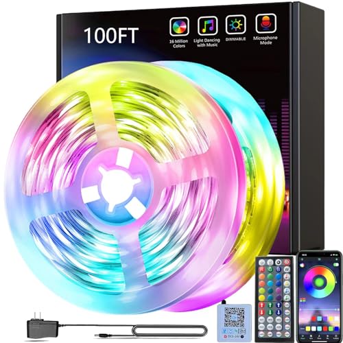 smareal Led Lights Strip for Bedroom 100ft（2Rools of 50ft）, Smart APP Control Music Sync Led Strip Lights RGB Color Changing Led Lights Strips with Remote Led Lights for Bedroom Kitchen and Party
