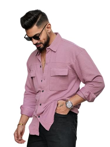 IndoPrimo Men's Regular Fit Fancy Double Pocket Casual Shirt for Men Full Sleeves - Cargo (in, Alpha, L, Regular, Pink)