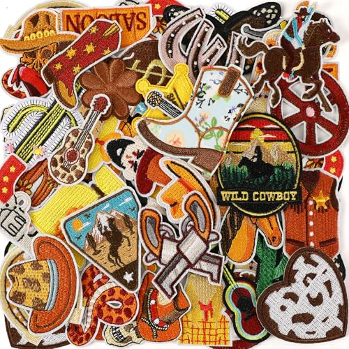 60pcs Western Iron On Patches Random Assorted Styles Brown Theme Iron on Patches for Boys Western DIY Sew Applique Repair Patch Cute Sew on Patches for Clothing Jacket Jeans Pants Dress Backpack Hats