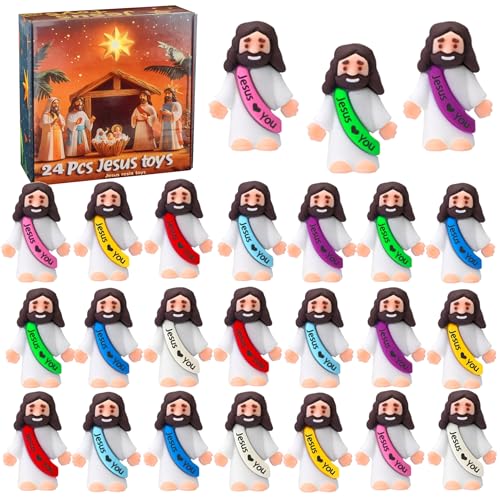 Cherislpy 24 Pcs Jesus Toys Mini Rubber Little Jesus Figurine to Hide and Seek Religious Sunday School Gifts for Kids Girls Boys Party Favors School Baptism Stuffers