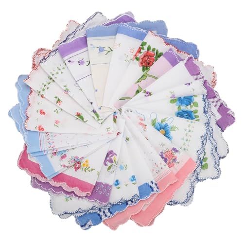 EEEKit Women Cotton Handkerchiefs, 20PCS Vintage Floral Print Handkies with Wavy Edge for Wedding Party Gifts, 11X11 in