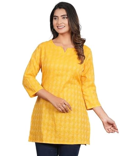 HION HILS Traditional Cotton Print Kurta Office Short Kurti Tops Tunics for Women (US, Alpha, Small, Regular, Regular, Yellow)