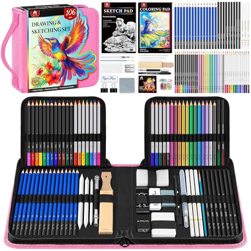 106 PCS Art Supplies Sketching Kit, Pro Drawing Pencils with 3-Color Sketchbook, Coloring Book, Colored Graphite Charcoal Watercolor & Metallic Pencils, Drawing Supplies Gifts for Artists Adults Kids