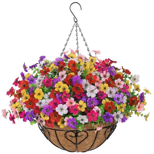 Alynsehom 1 Set Artificial Flowers with Hanging Basket, 1 Outdoor Hanging Plants with 12pcs Faux UV Resistant Fake Silk Azalea in Baskets for Porch Garden Patio Balcony Yard Home Decor(6 Colors)