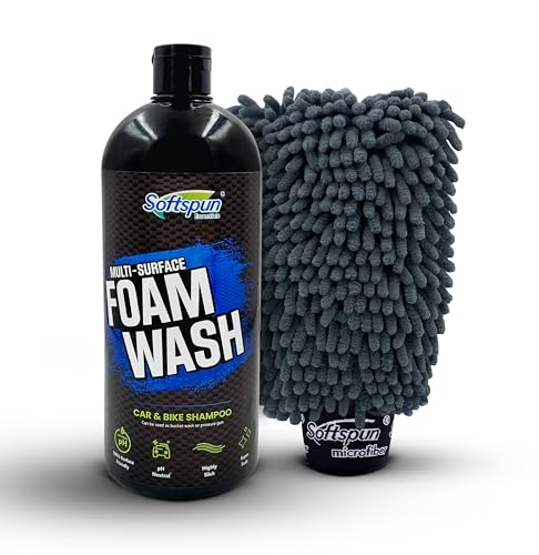 SOFTSPUN Microfiber 1Ltr Car & Bike pH Neutral Premium Liquid Shampoo+1700gsm 1pc Double Side Glove Grey Combo | Extra Suds, Removes Tough Dirt & Grime | Works with Bucket & Foam Cannon