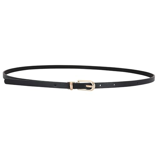 brileze Women Skinny Leather Belts Dresses Thin Waist Belt Black Fashion WaistBelt Adjustable Classic PU Leather Belt with Gold Alloy Buckle for Ladies Jeans Dress Pants