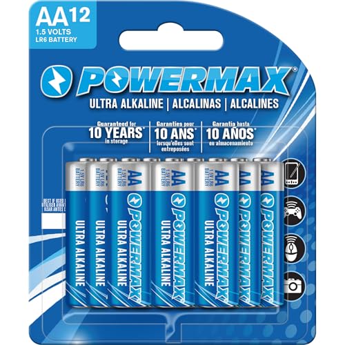 Powermax 12-Count Double AA Batteries, Ultra Long Lasting Alkaline Battery Blister Pack, 10-Year Shelf Life