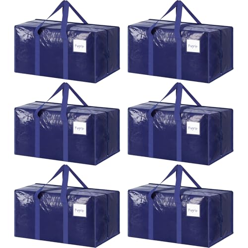 6 Pack Extra Heavy Duty Large Moving Bags with Strong Zipper & Comfortable Handles, Sturdy & Durable Clothes Storage Bags Totes Bins, Blue Packing Moving Boxes for College Supplies, Dark Blue