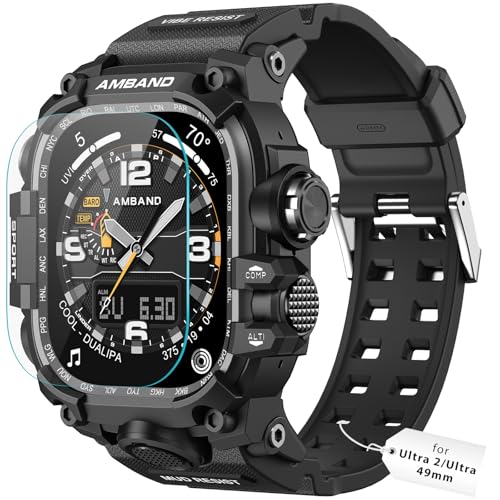 amBand Compatible with Apple Watch Ultra 2/1 Bands Case 49mm for Men, M3 Rugged Cover Military Sport Strap Screen Protector, Fathers Day Dad Gifts Heavy Duty Protective Bumper for iWatch - Matte Black