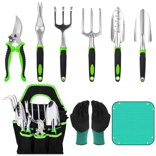 Outils de Jardinage, 9 Pièces Ensemble d'outils de Jardin avec Sac de Rangement, Râteaux,Transplanter, Gants de, Tapis Végétal, Cadeaux de kit Jardinage pour Homme et Femme