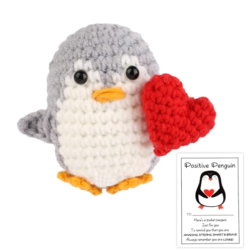 TOYMIS Positive Penguin with Heart, Heart Penguin Crocheted Penguin Pocket Hug Penguin Knitted Penguin Crocheted Animal Knitted Wool Doll for Party Decoration Inspirational Gift