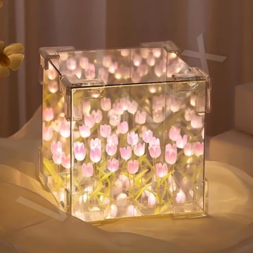 VazzLox DIY(Do It Yourself) Tulip Lamp Mirror Cube 30 Flowers LED Decorative Lamp Handmade 2 in 1 Table Ornaments & Mirror DIY Infinite Tulip Light Lamp for Bedroom Living Room Decor Gift - Multicolor