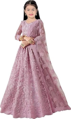 RUKHA FAB Girl's Fashion Satin Semi-Stitched Lehenga Choli Ethnic Wear Stylist Embroidered Work Lehenga | Choli & Dupatta Set, Pack Of 1 (Light Pink, 10 Years- 11 Years)