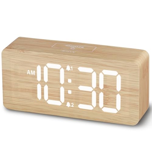 Wooden Digital Alarm Clocks for Bedrooms: Dimmable Dual Alarm Clock with Large Numbers for Bedside Desk - Bamboo