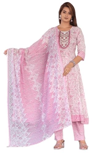 G4Girl Jaipuri Pure Cotton Anarkali Kurti Pant With Dupatta For Women's With Neck Emboridery (PNIK)