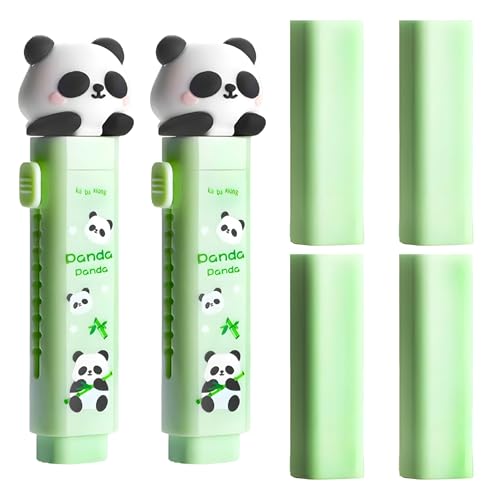 WISHKEY Panda Theme Pencil Eraser for Girls and Boys, Fancy Erasers for Kids, Cute Retractable Erasers with Protective Case, Stylish Eraser for School Students, Big Eraser (Pack of 2, Green)