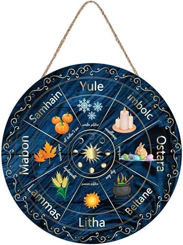 kisoyo Wheel of The Year Rustic Round Hanging Wood Sign, Sabbats Norse Pagan Sign Witches Runes Wood Sign Wiccan Holidays, Wicca Calendar, Yule Altar, Celestial Sign, Christmas Decor 10"x10"