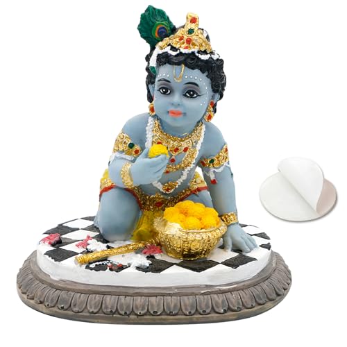 Baby Krishna Statue Car Decor - 3.5”H Hindu God Laddu Gopal Kneeling Enjoy Laddus India Murti Item Home Temple Mandir Shrine Altar Pooja Decor Diwali Puja Gifts for Indian Friends Family