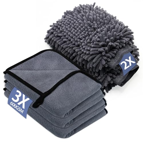 YSWOVUO 5 Stück Autopflege Set mit 3er Mikrofasertücher Auto & 2er Mikrofaser Waschhandschuh Auto, 600 GSM Trockentuch Extra Saugstark 100% Kratzfrei & Schonend, zum Polieren (40 x 30 cm)