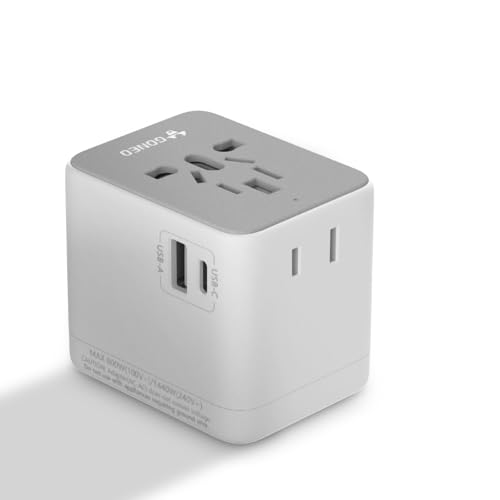GONEO Reiseadapter Weltweit Universalstecker Keine Sicherung Nötig mit 2 USB 1 Typ A 1 AC Steckdose Internationaler Steckdosenadapter für EU UK US AU Automatische Rücksetzung Hellgrau