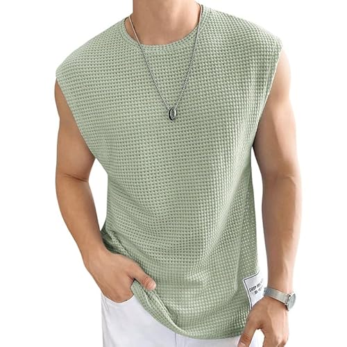 NETCLICK Mens Waffle Tank Tops Sleeveless Round Neck Polycotton T-Shirt For Gym, Running And Outdoor Sea Green, Classic Fit