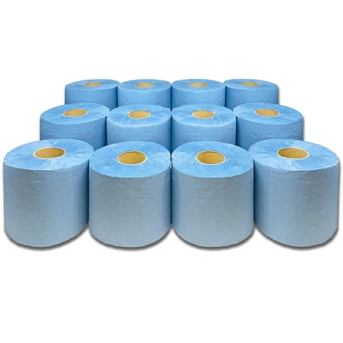 DHANZIPAK 12 x Economy Blue Centrefeed Paper Tissue Rolls - 2 Ply Embossed Centre Feed - Hand Towel Tissue Rolls