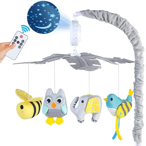 Baby Crib Mobile with Music and Lights, Mobile for Crib with Remote Control, Rotation, Starlight Projection, Crib Toys for Babies Boys Girls